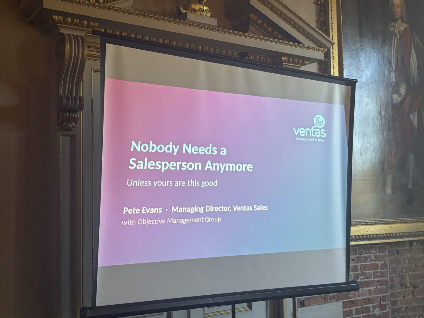Title slide of Pete's keynote, Nobody Needs a Salesperson Anymore